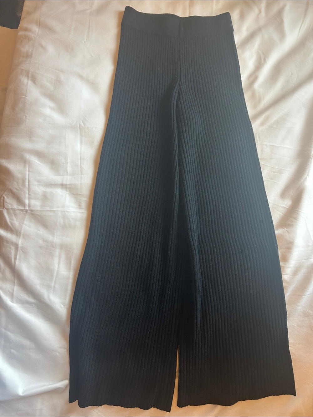 Ribbed Black Wide-Leg Knit Pants